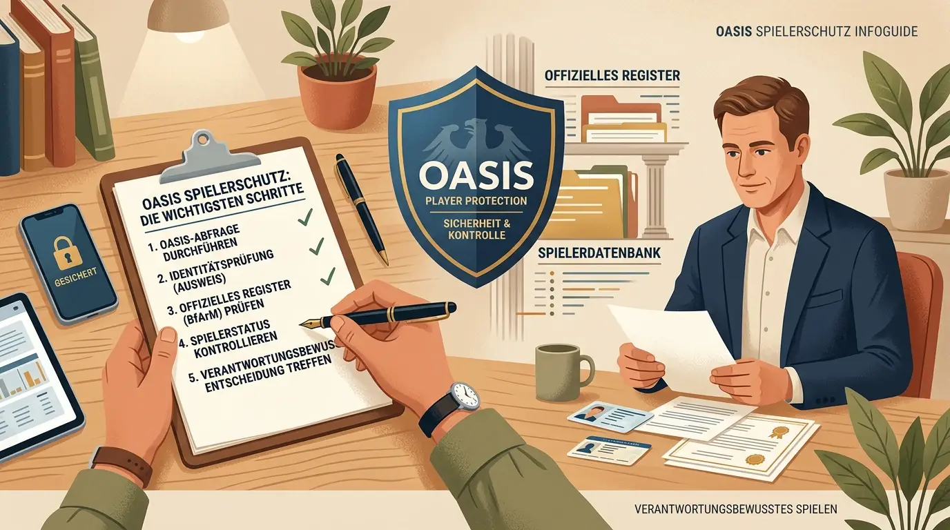 Ruhige Arbeitsfläche mit Prüfliste, Schildsymbol und amtlicher Orientierung zu OASIS