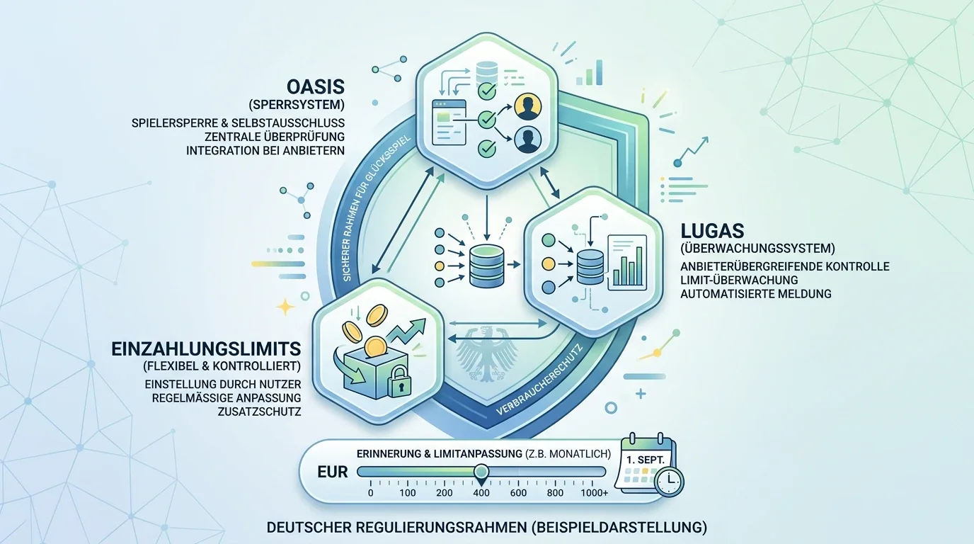 Neutrales Diagramm mit verbundenen Schutzsymbolen für OASIS, LUGAS und Einzahlungslimits
